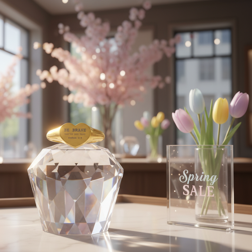 Crystal decorative item with gold  signet ring on top on a table with spring-themed decor