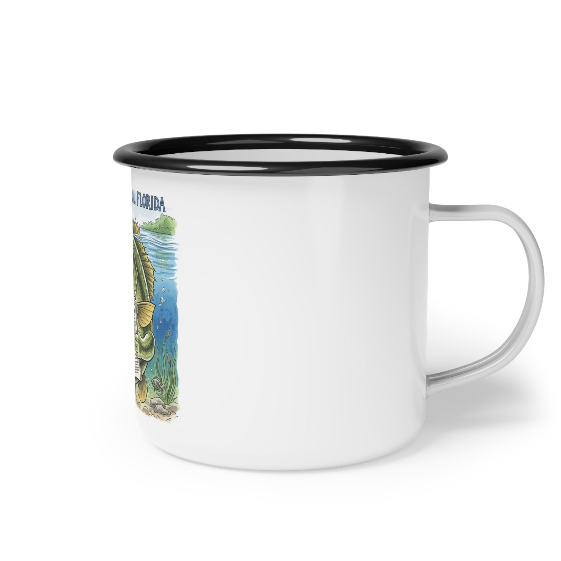 White enamel mug with black rim and handle, featuring a graphic of a turtle and text on a white background.