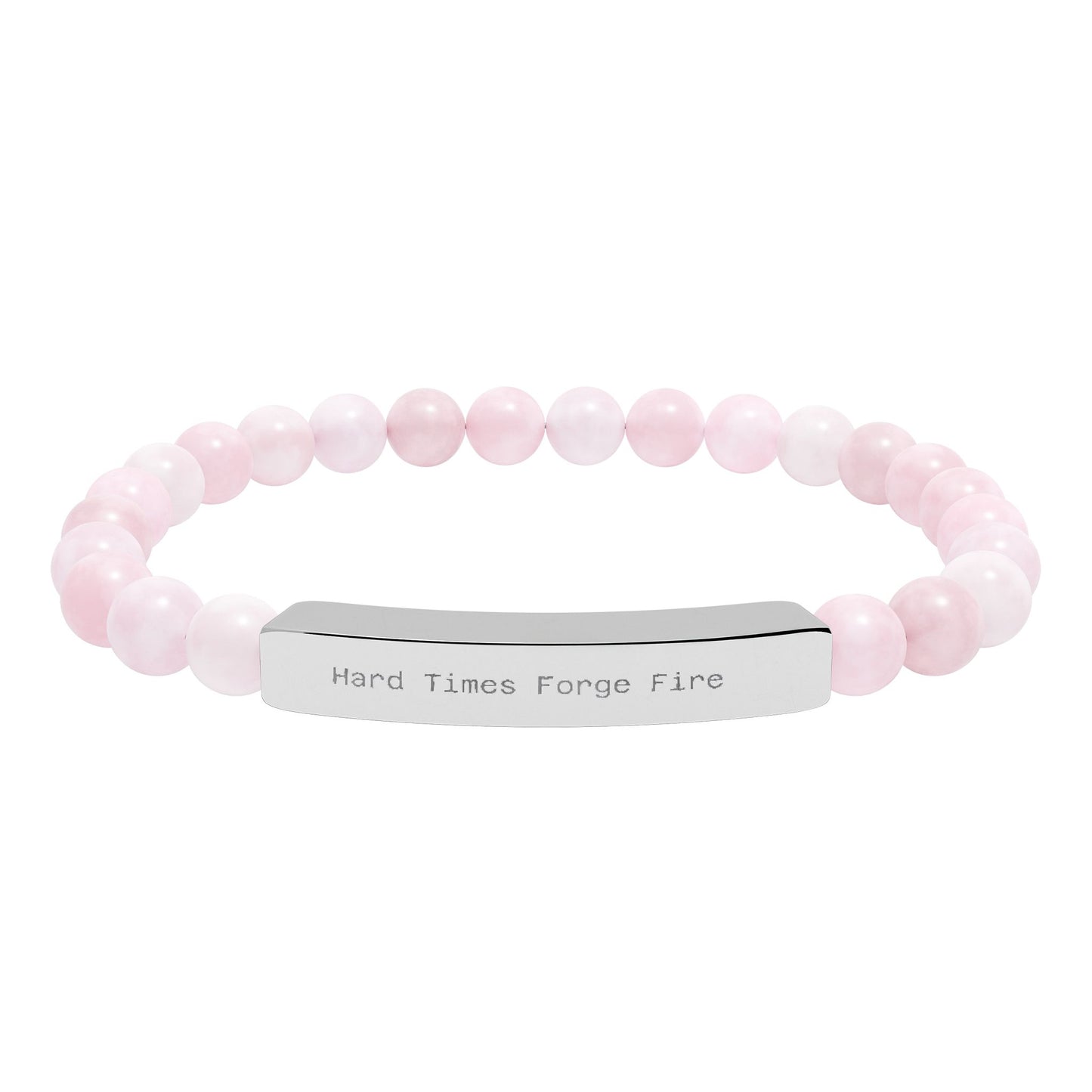 Pink beaded bracelet with a silver tag on a white background