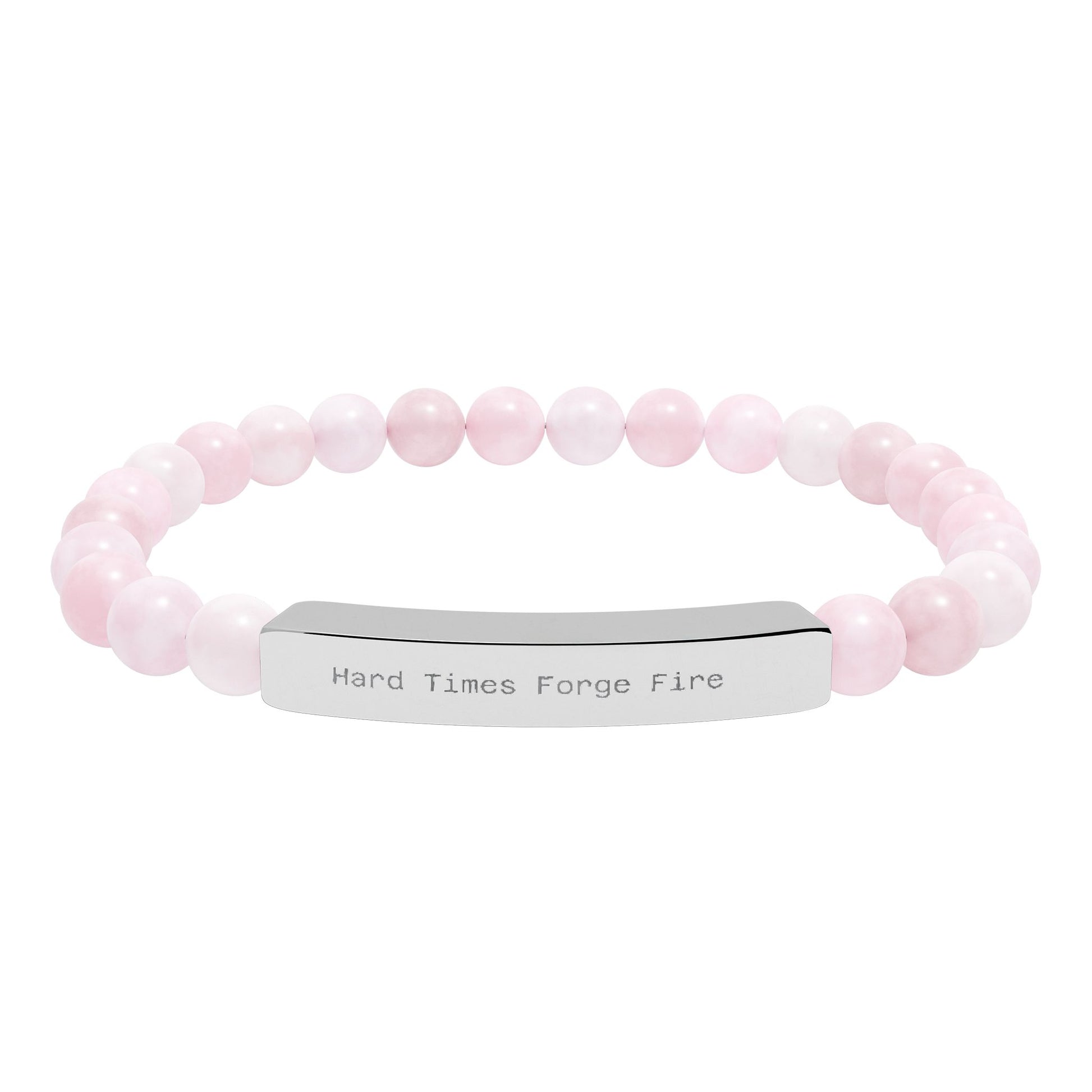 Pink beaded bracelet with a silver tag on a white background