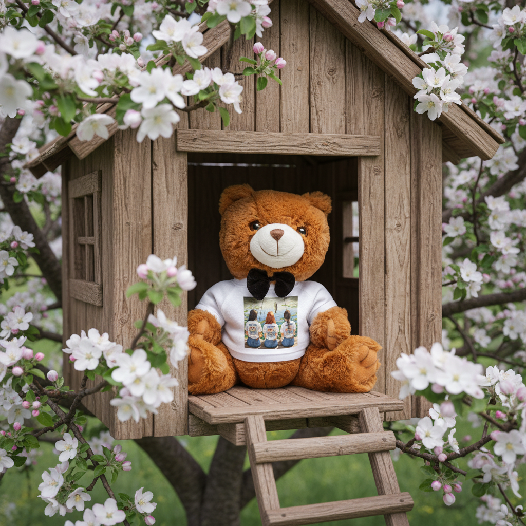 Teddy bear in a small wooden house surrounded by white flowers