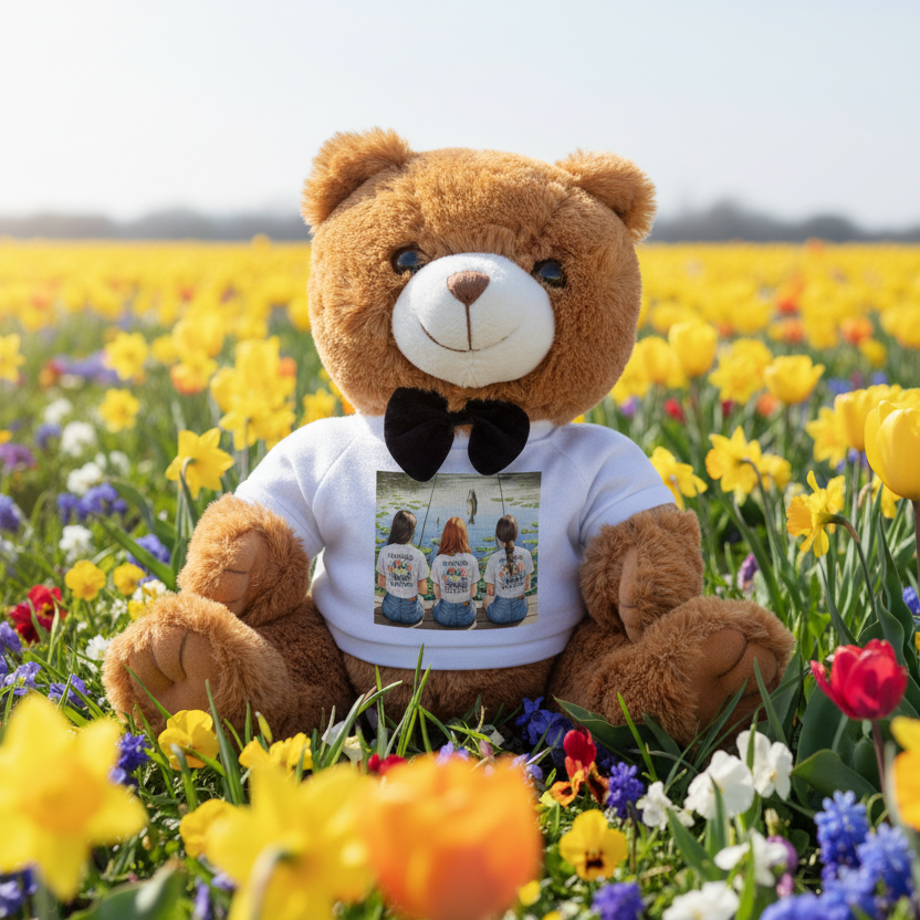 Teddy bear in a field of flowers wearing a t-shirt with a photo of three bottles.