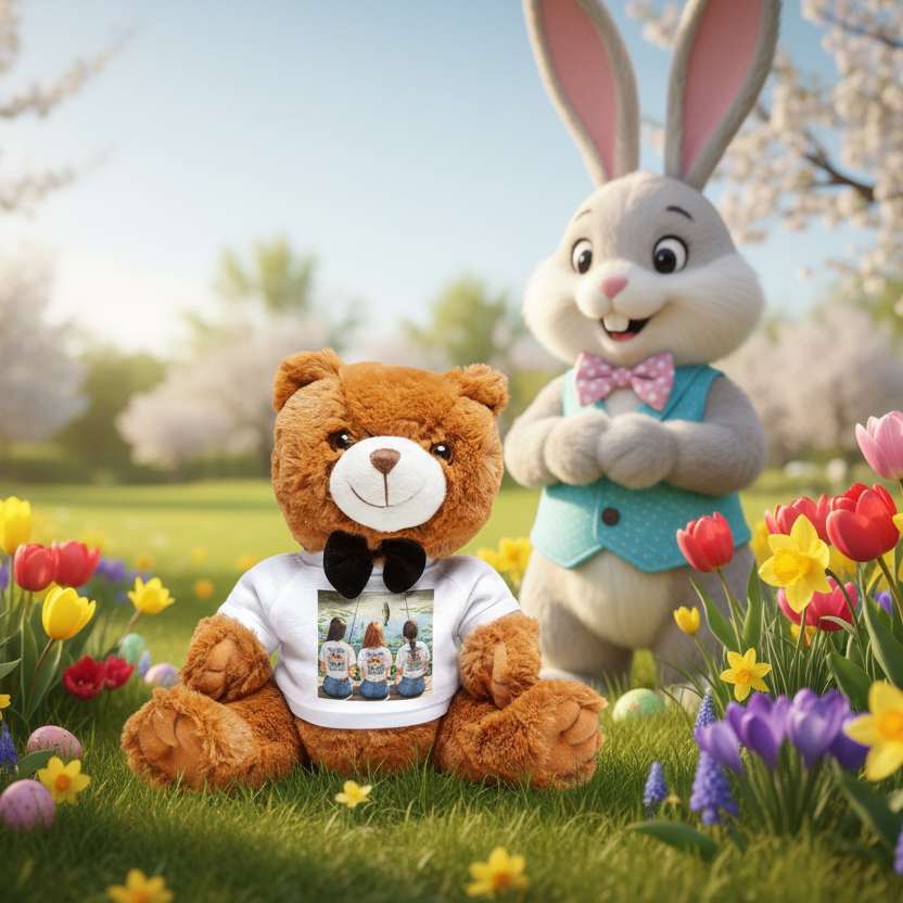 Teddy bear wearing a shirt with a photo of a couple, standing next to a cartoon rabbit in a garden with flowers and eggs.

