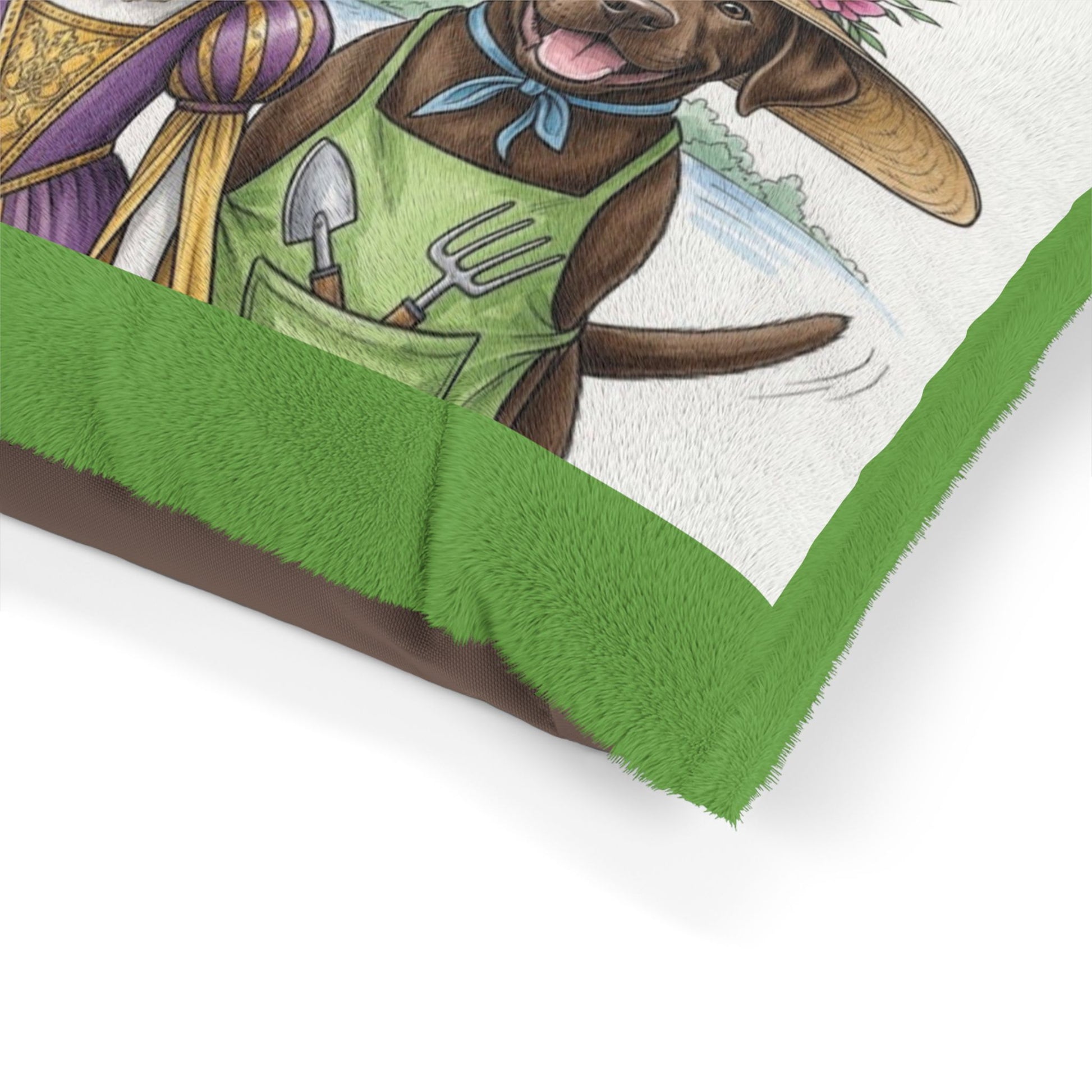 Dog wearing a green apron with gardening tools, surrounded by green grass on a white background