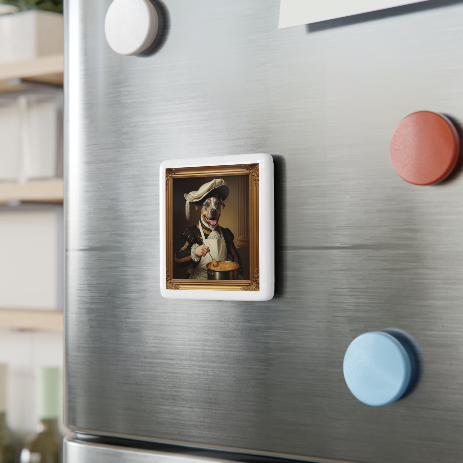 Sir Slim, Royal Chef of the KIngdom of Barkshire  magnet on a modern refrigerator.