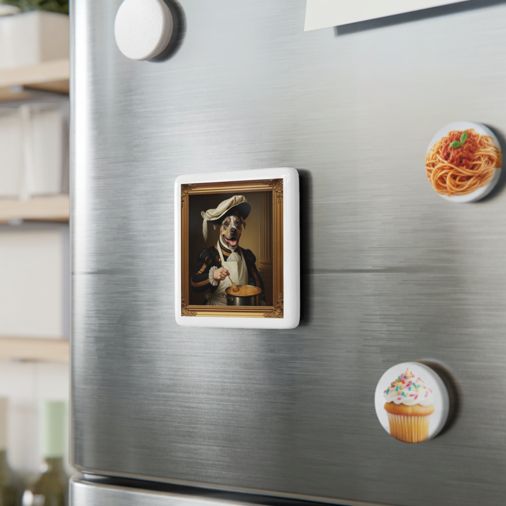 Sir Slim magnet on a silver refrigerator with a small round cupcake magnet and a Sphagetti magnet