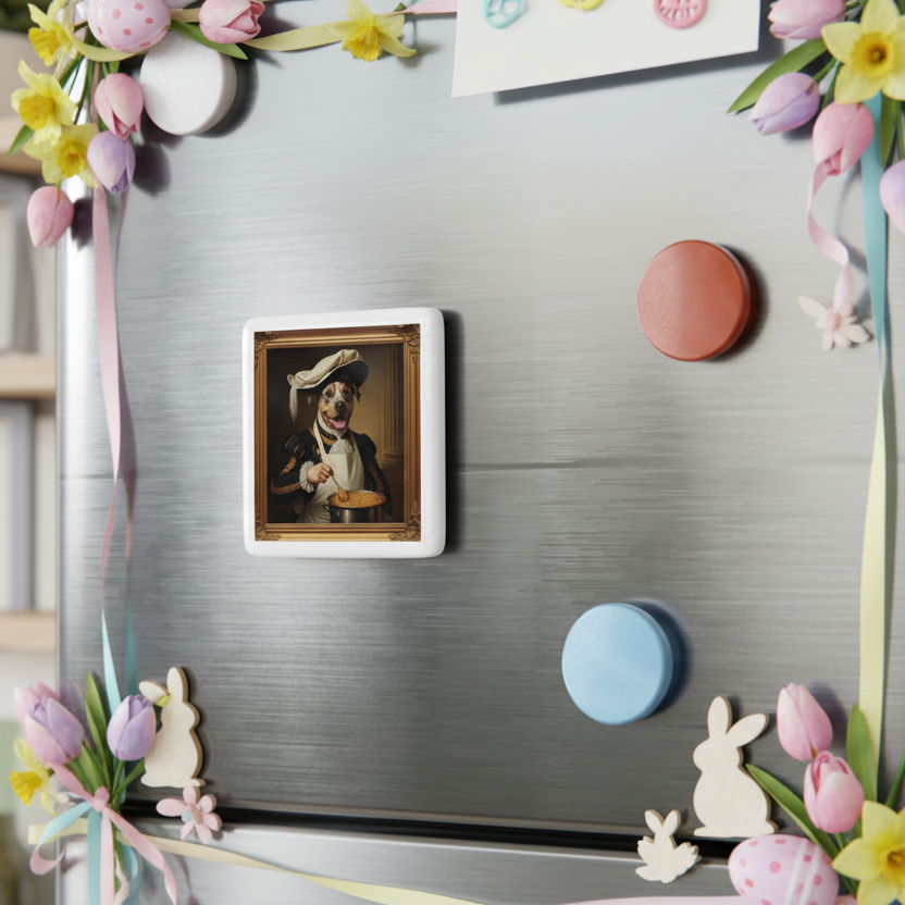 Decorative magnets on a refrigerator with Easter-themed decorations.