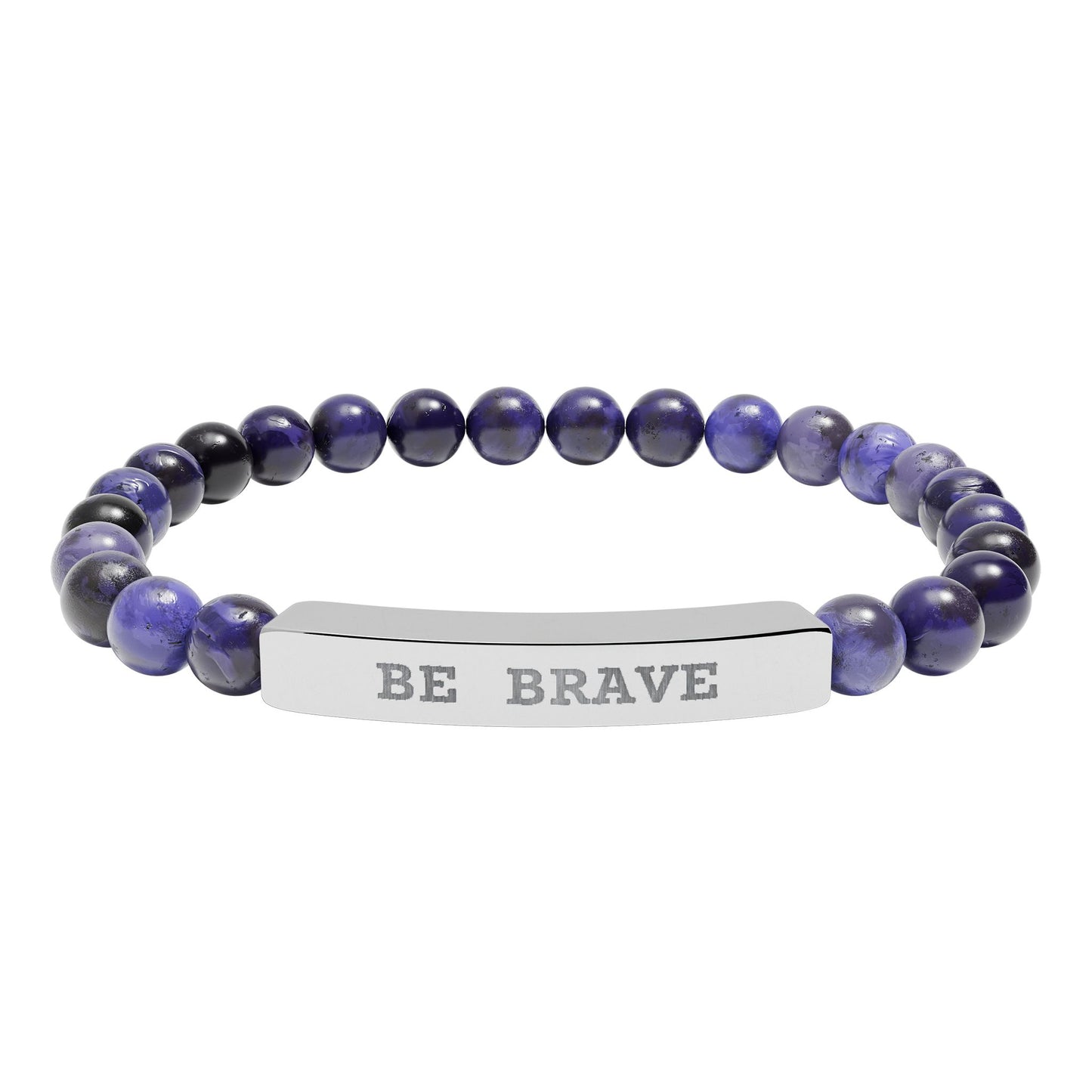 Dark blue natural stones  beads- Bracelet and 'BE BRAVE' engraved on silver bar on a white background
