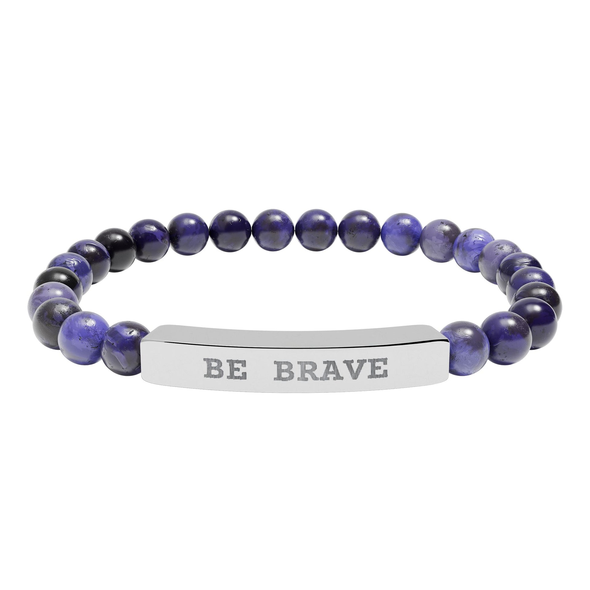 Dark blue natural stones  beads- Bracelet and 'BE BRAVE' engraved on silver bar on a white background