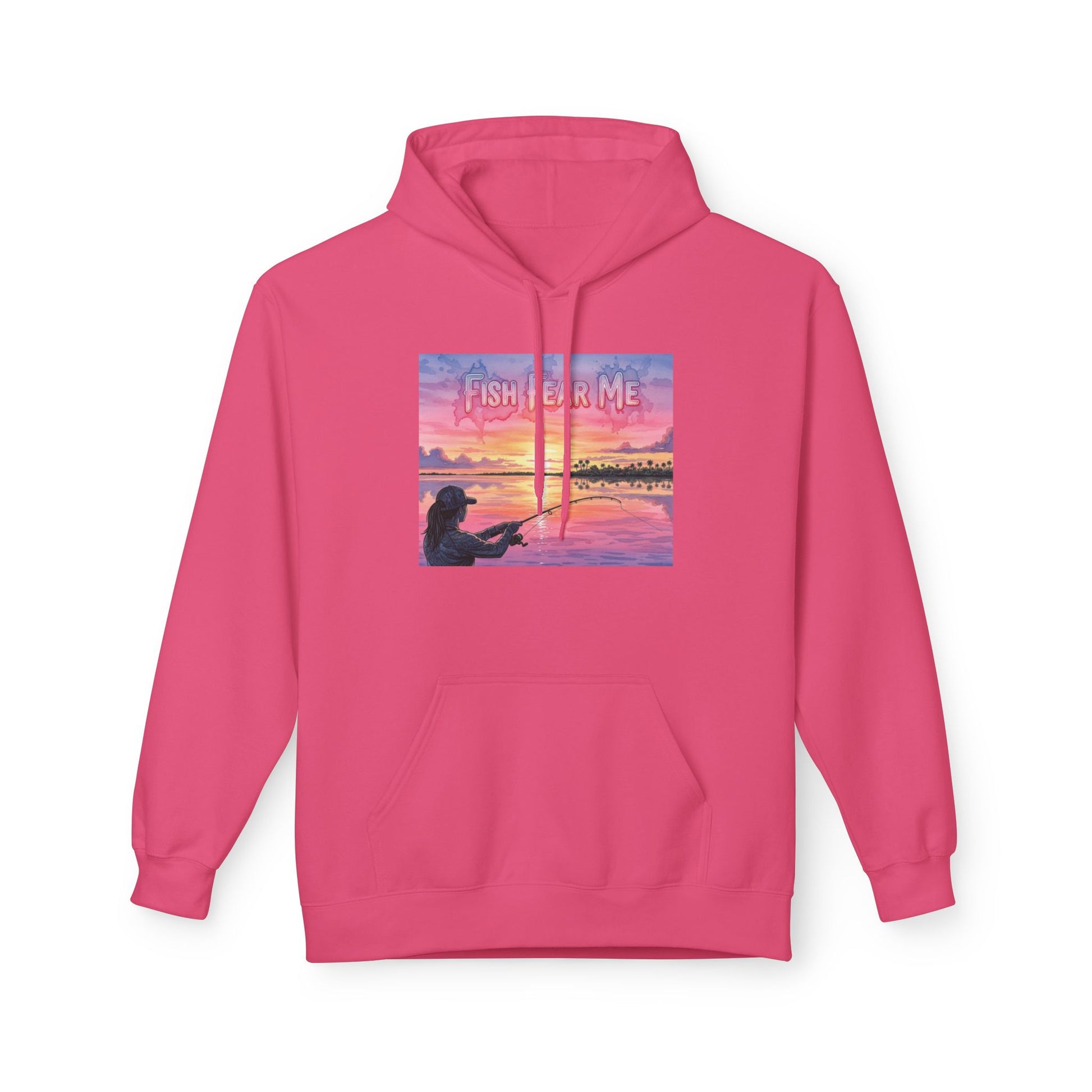 Pink hoodie with a graphic of a person fishing at sunset in a "Fish Fear Me" image 