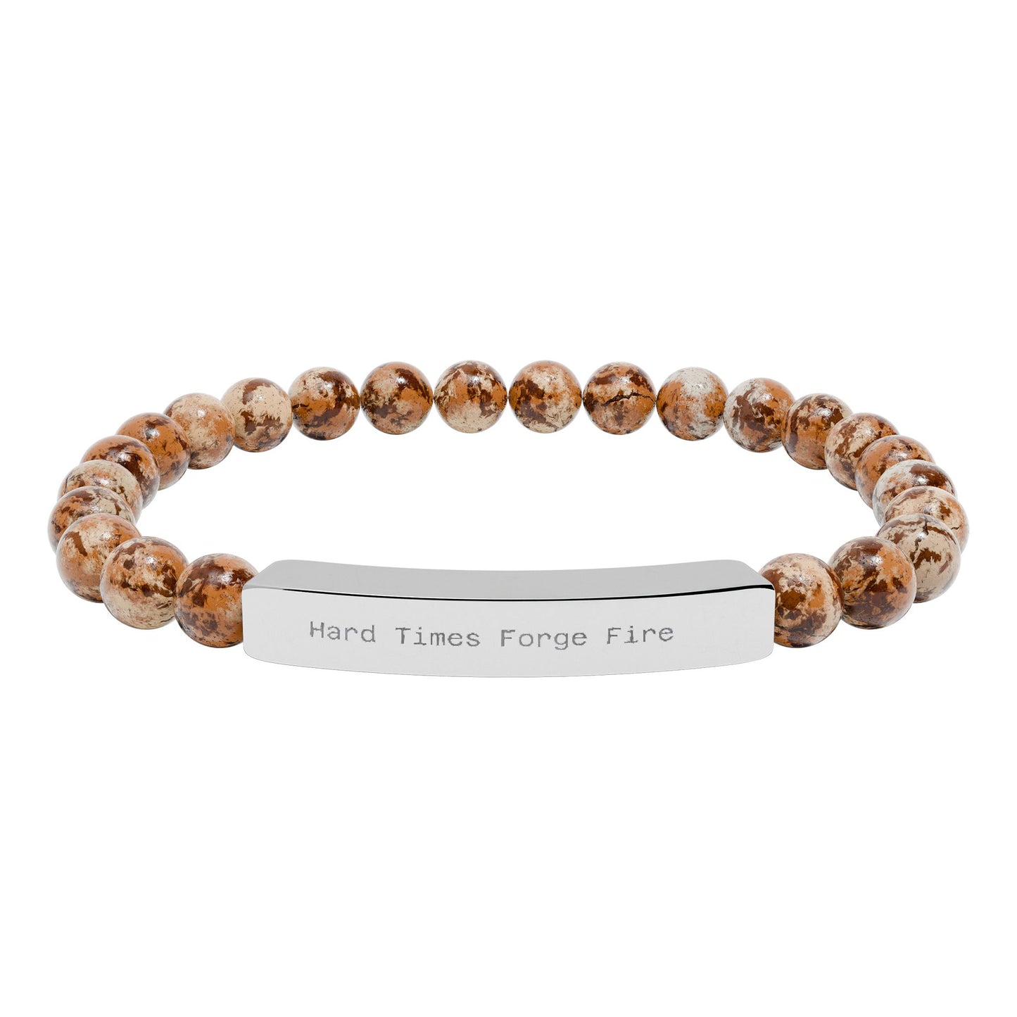 Bracelet with brown beads and a silver tag on a white background