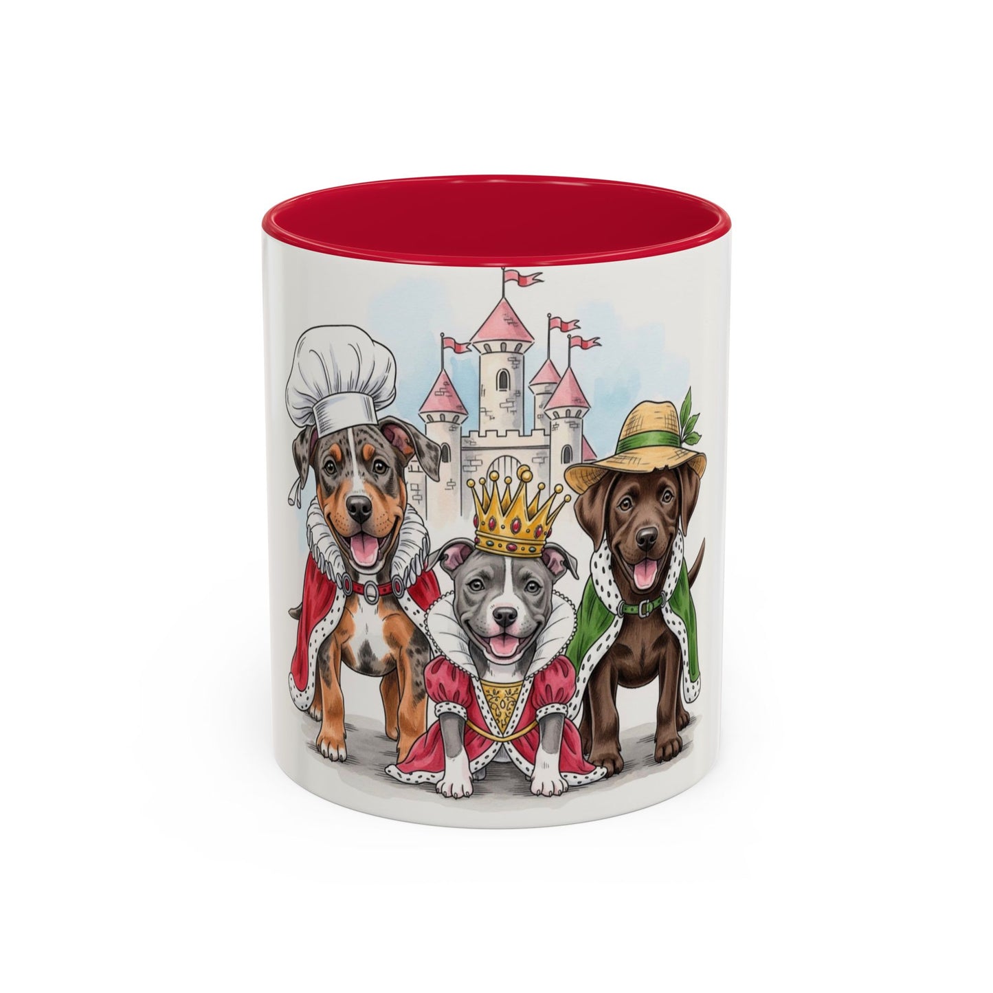 Mug with cartoon dogs in costumes on a white background