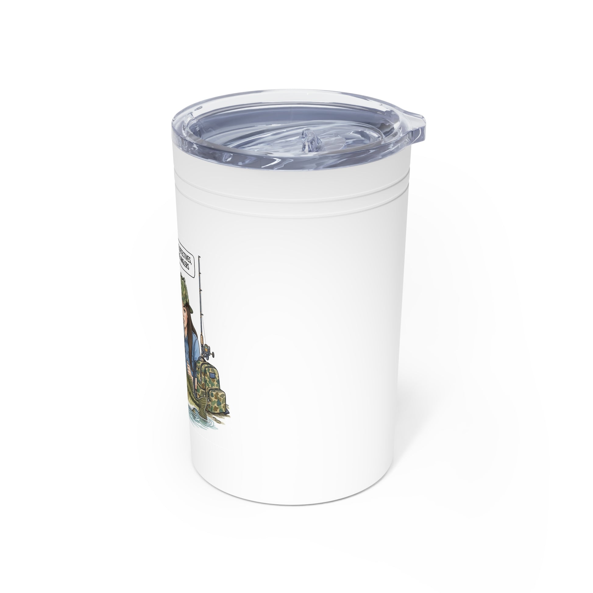 Side view -Clear tumbler with a blue lid featuring a fishing design on a white background