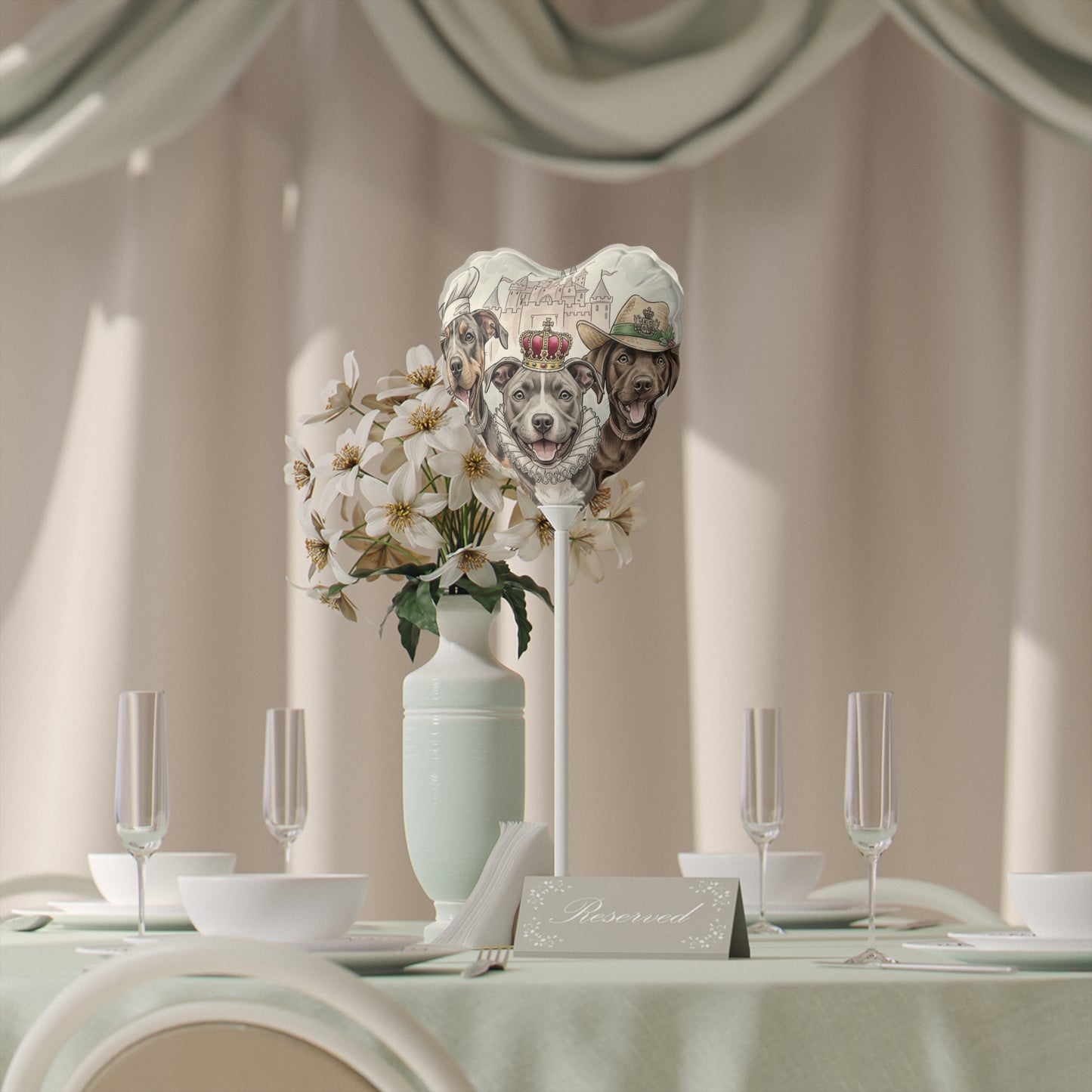 Decorative table setting with a heart-shaped floral arrangement and dog-themed topper.