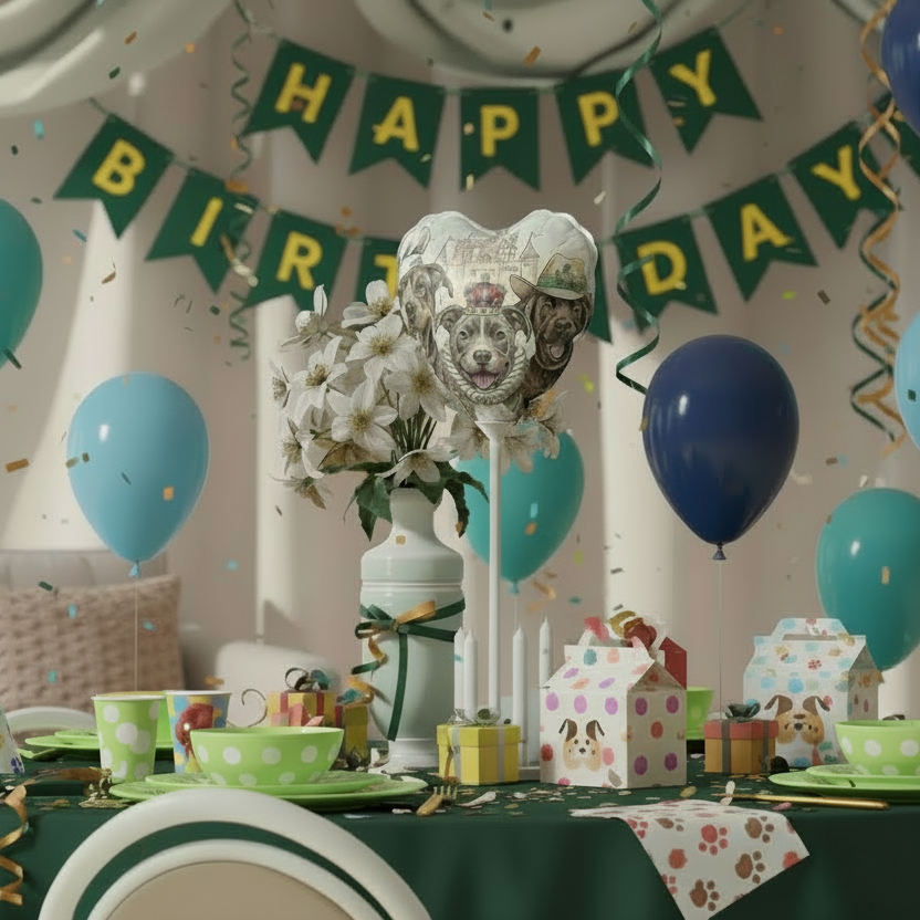 Birthday party setup with balloons, decorations, and a cake with dog faces.