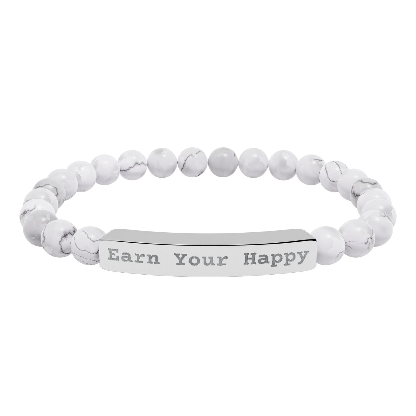 Natural Stone bracelet with a silver bar with the message "Earn Your Happy" engraved on it on a white background.