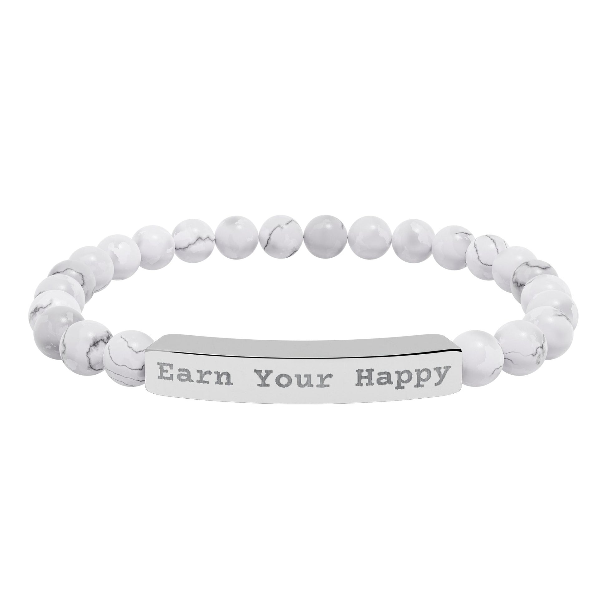 Natural Stone bracelet with a silver bar with the message "Earn Your Happy" engraved on it on a white background.