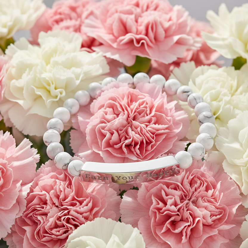 Natural Stone bracelet with a gold bar engraved "Earn Your Happy" laying on pink and white flowers