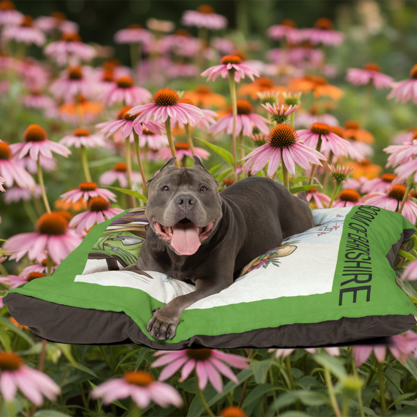 dog laying on green pet bed pillow surrounded by cone flowers 
