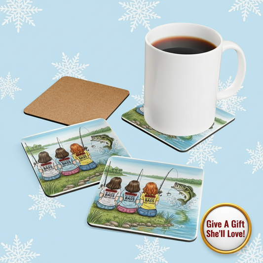 Bass, Boys, & Besties Coaster Set: Fishing Lovers Corkwood Coaster Set