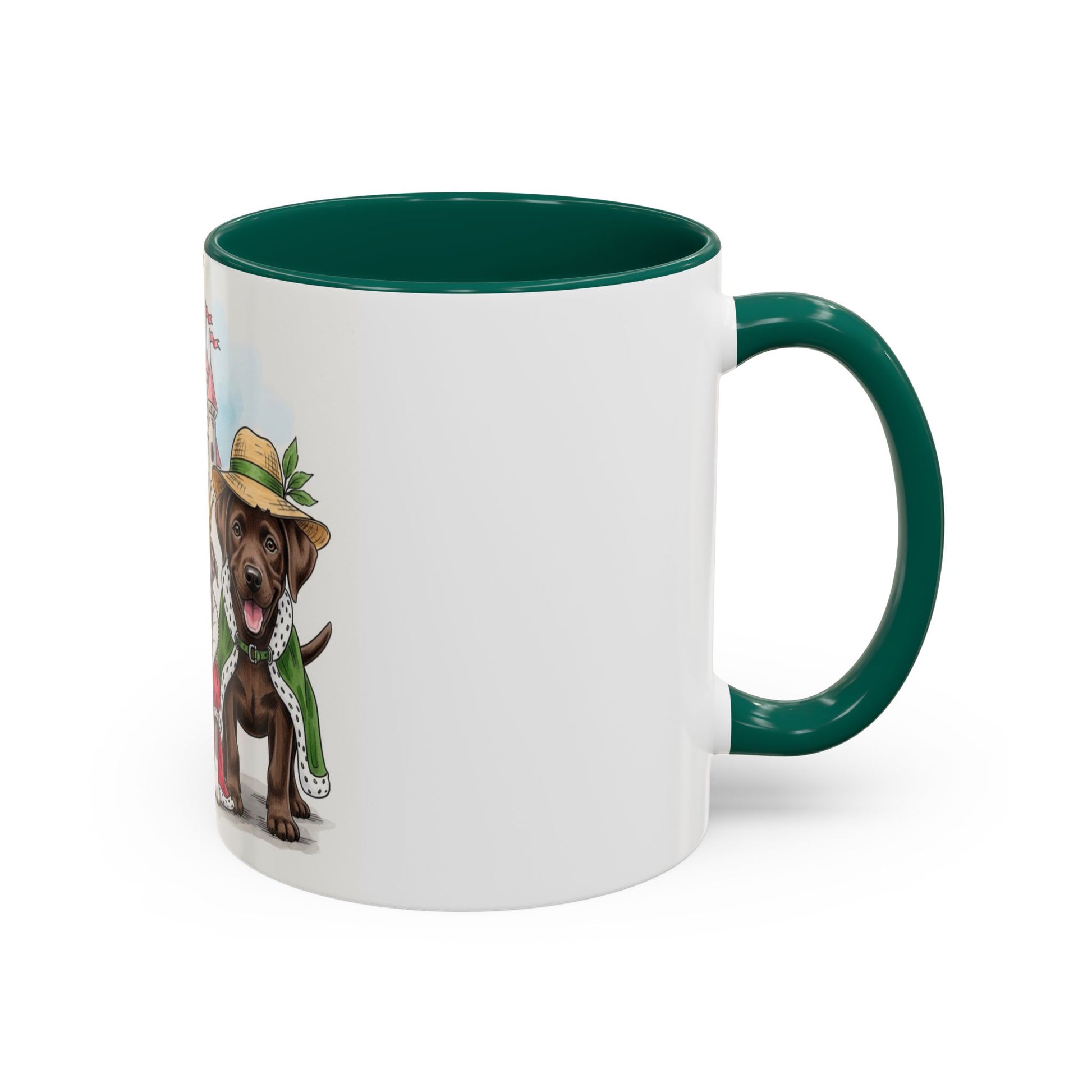 Mug with a dog wearing a hat and scarf design on a white background
