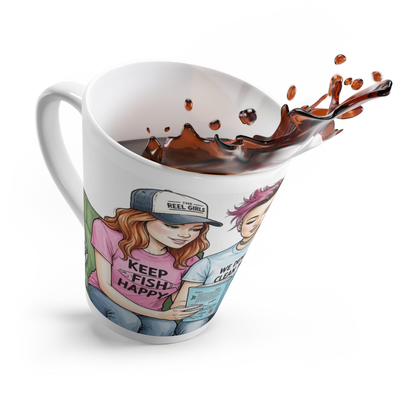 Mug with illustration of two people and text, spilling coffee