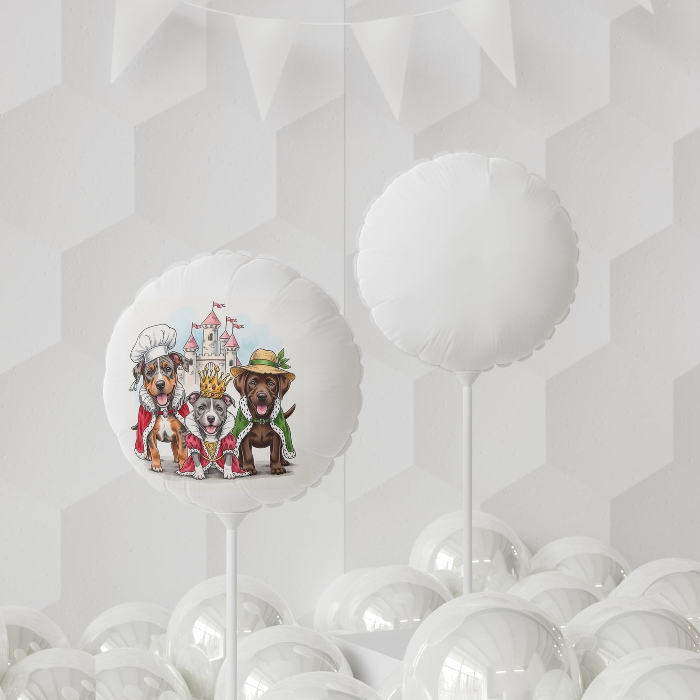 Decorative balloon with cartoon dogs and a castle on a white background