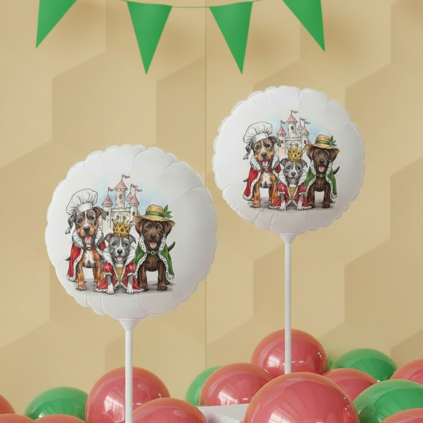 Decorative balloon with cartoon dogs and a castle in a birthday balloon display
