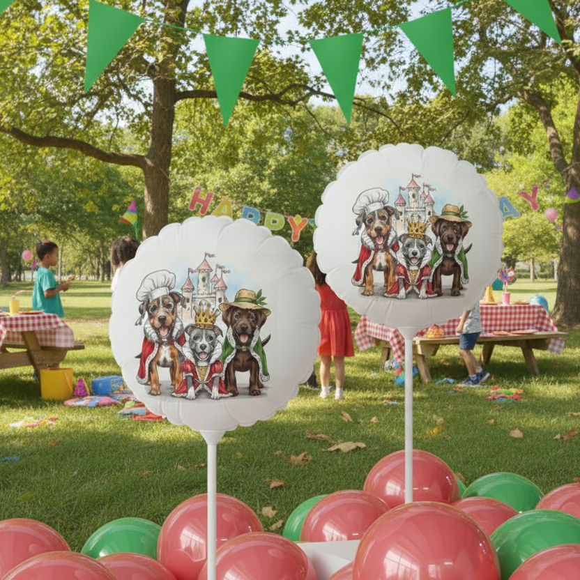 Decorative balloons with cartoon dogs on sticks in a park setting with children playing.