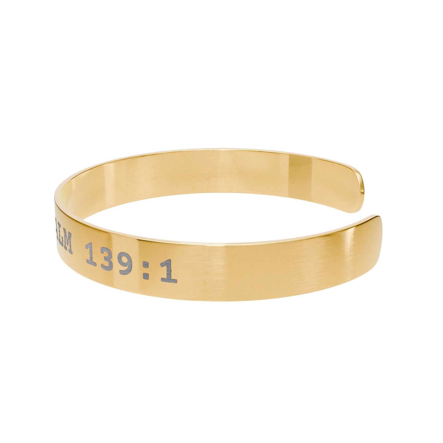 Gold bracelet with engraved text on a white background