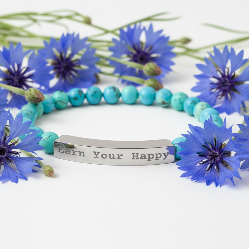 Turquoise natural stone beaded bracelet with a silver bar featuring 'Earn Your Happy' text, surrounded by blue button flowers on a white background.

