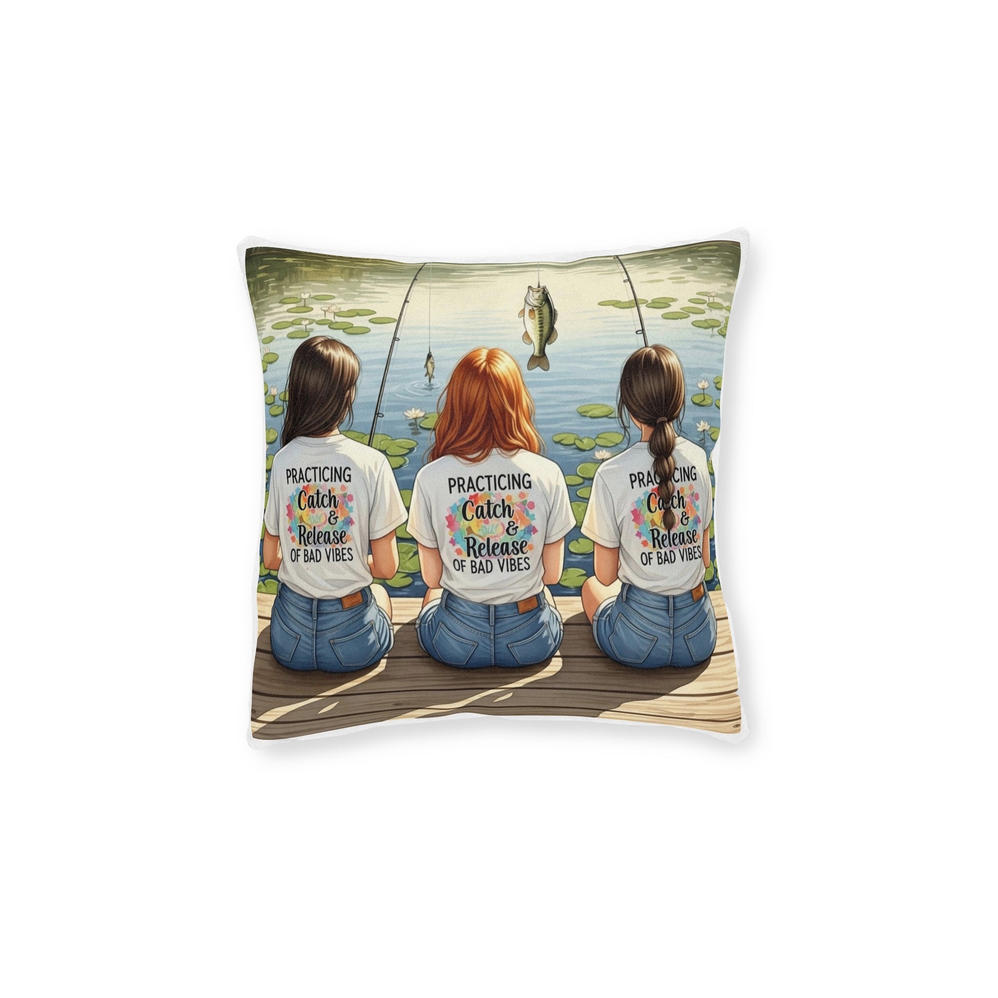 Pillow with illustration of three people fishing, each wearing a shirt with text.