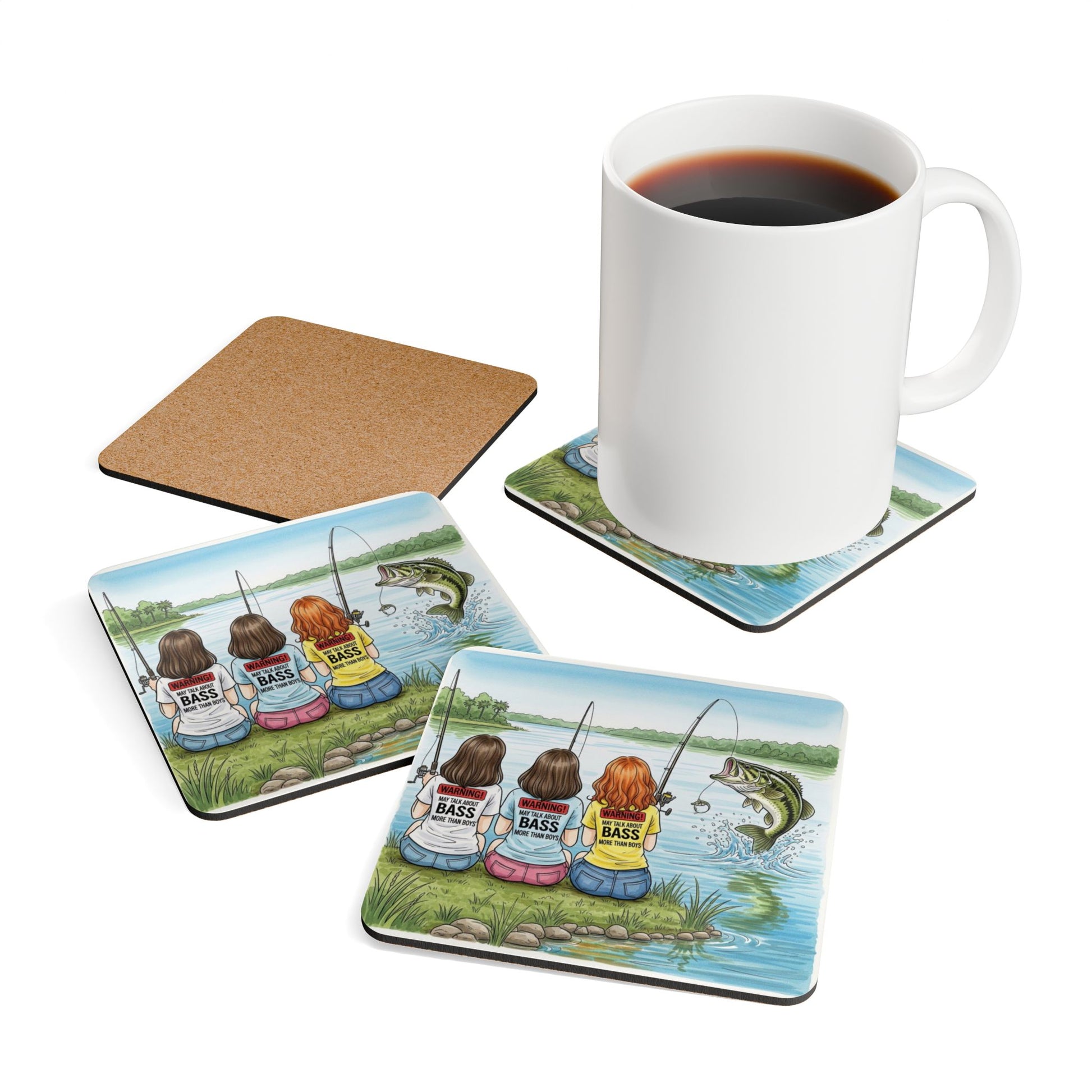 Set of four fishing-themed coasters with a mug on one coaster.