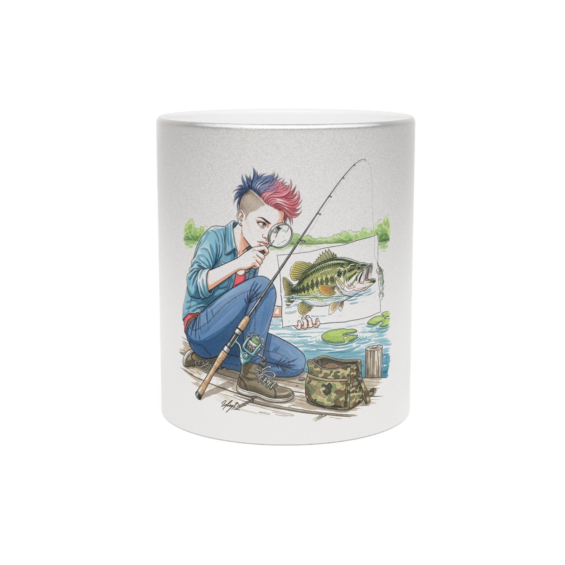 Mug with a fishing-themed design featuring a person, fish, and fishing rod on a silver metallic background.