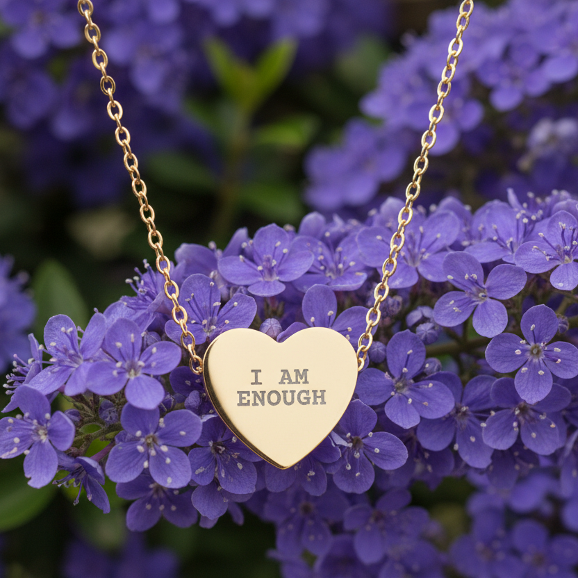 Gold heart-shaped necklace with 'I AM ENOUGH' engraving on purple flowers