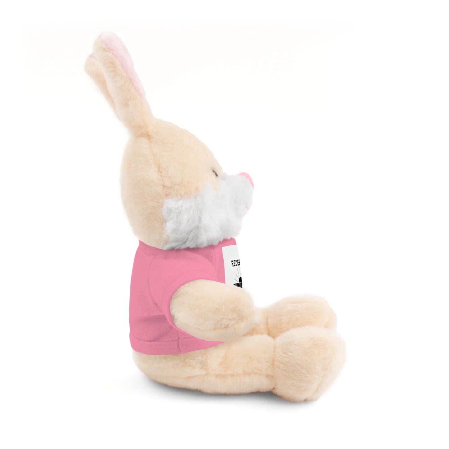 Plush toy rabbit wearing a pink outfit on a white background