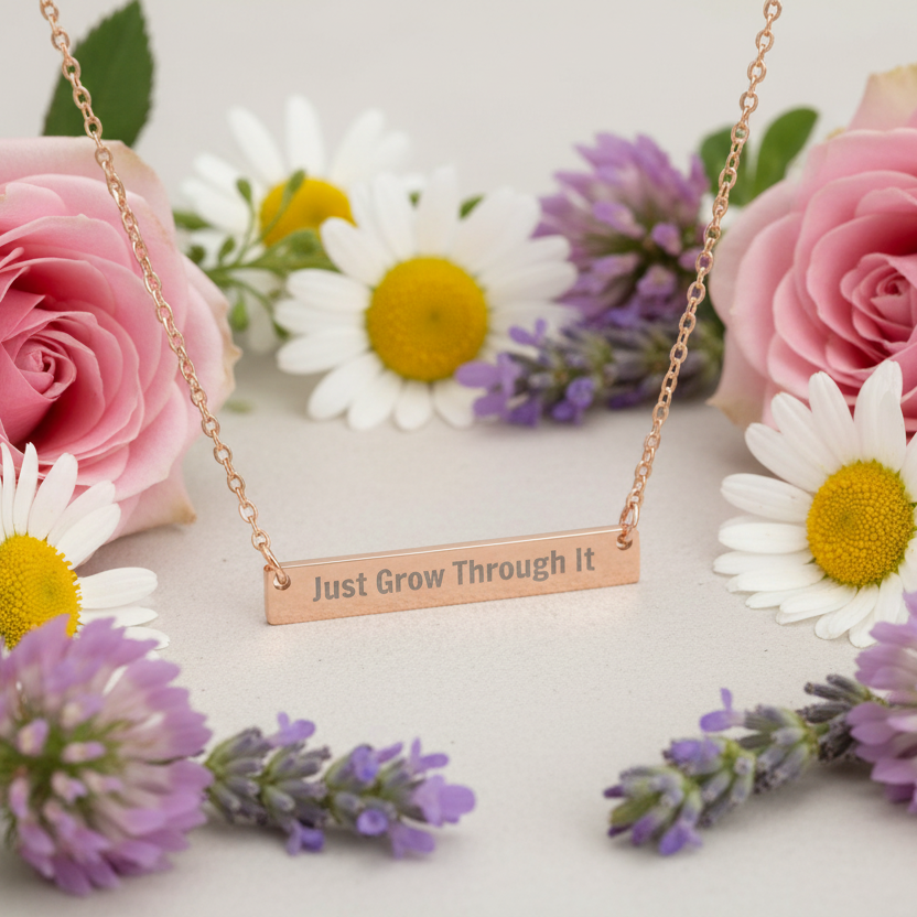 Necklace with 'Just Grow Through It' pendant surrounded by flowers on a light background