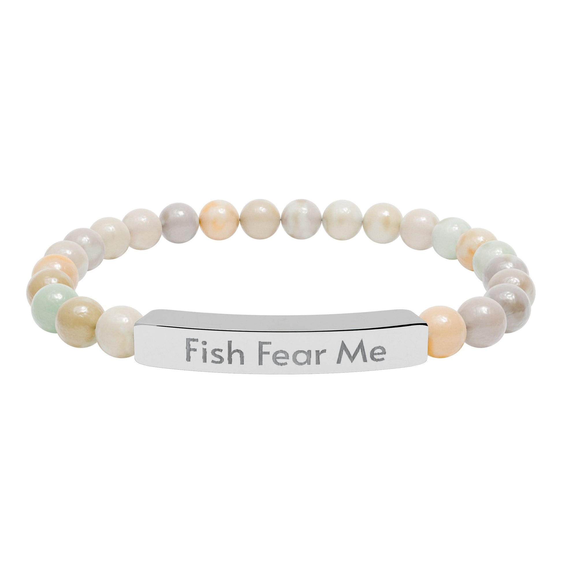 Beaded bracelet with 'Fish Fear Me' tag on a white background