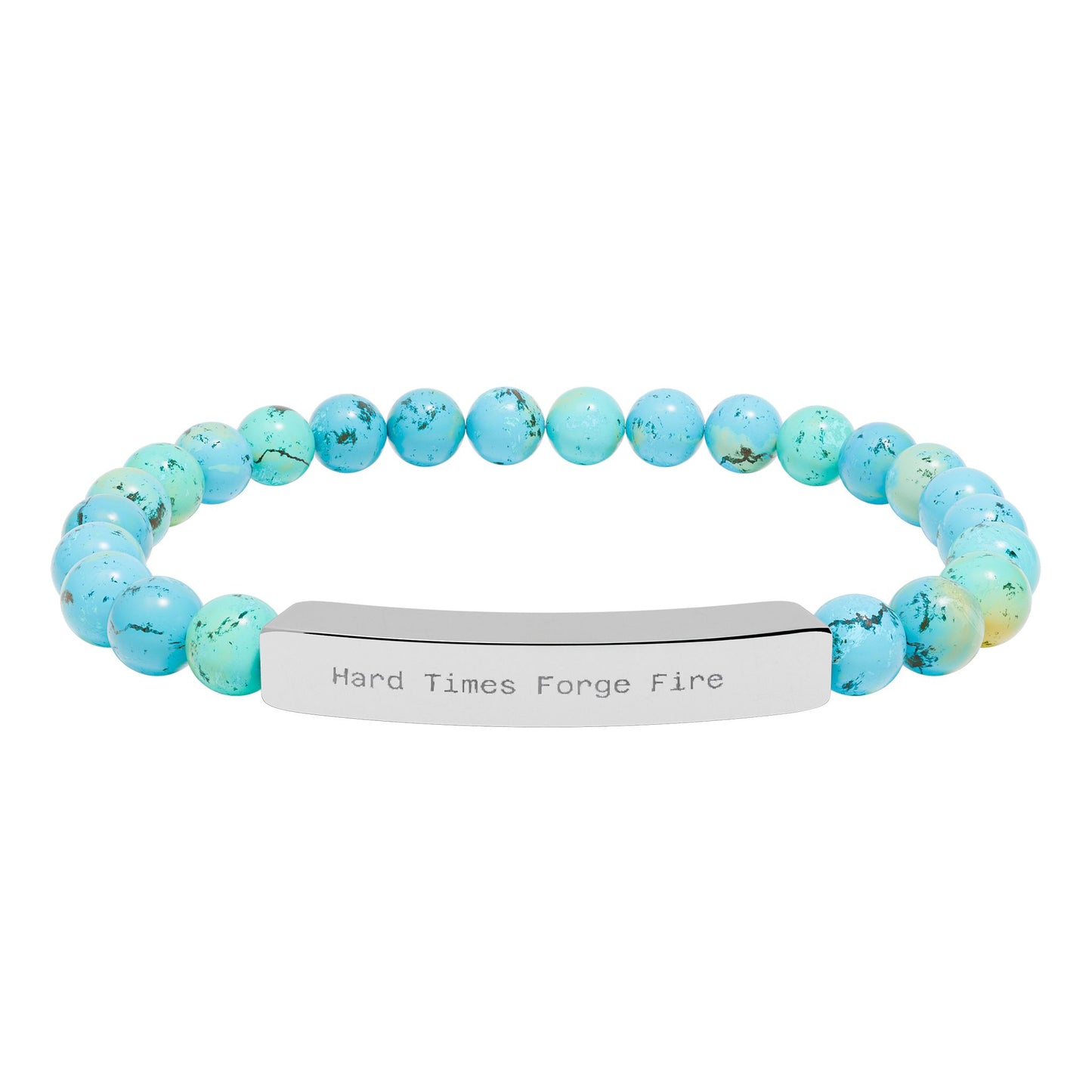 Turquoise beaded bracelet with a silver tag on a white background