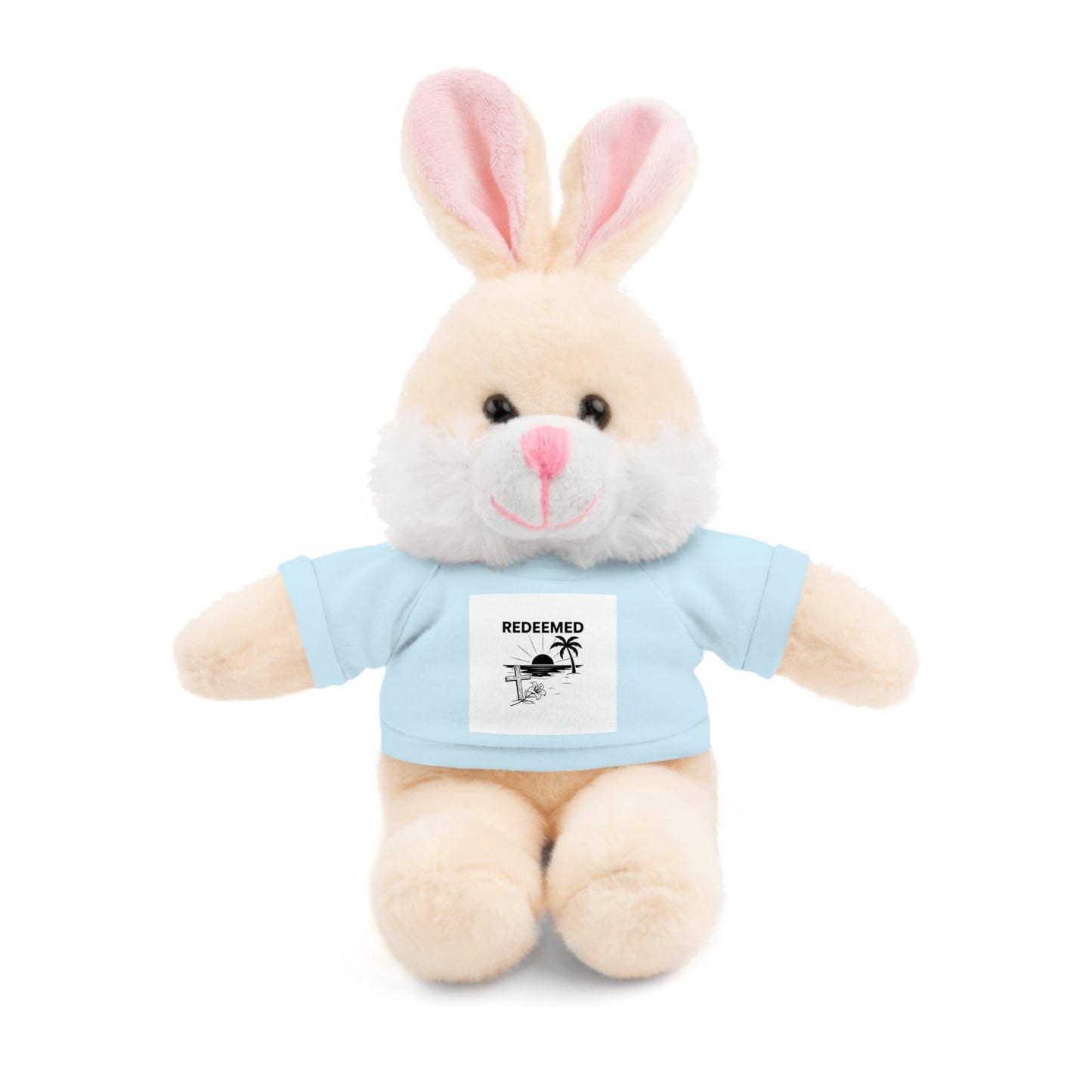 Plush toy rabbit wearing a blue shirt with a printed design on a white background