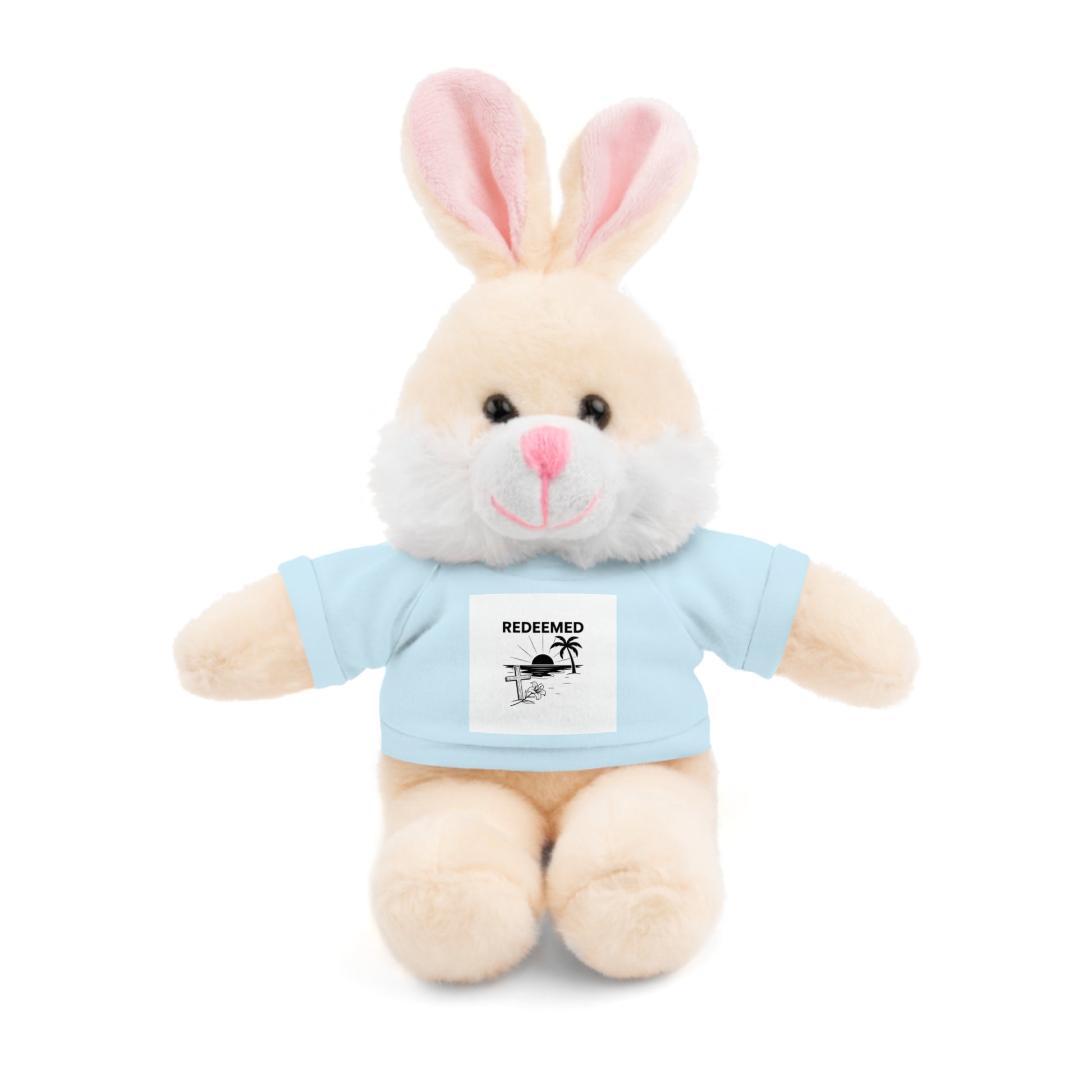 Plush toy rabbit wearing a blue shirt with a printed design on a white background