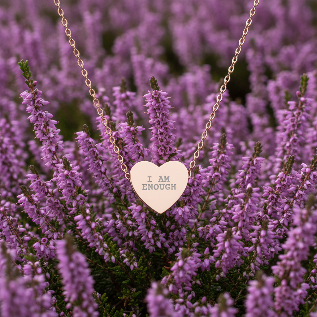 Necklace with a heart-shaped pendant reading 'I AM ENOUGH' in a field of purple flowers.