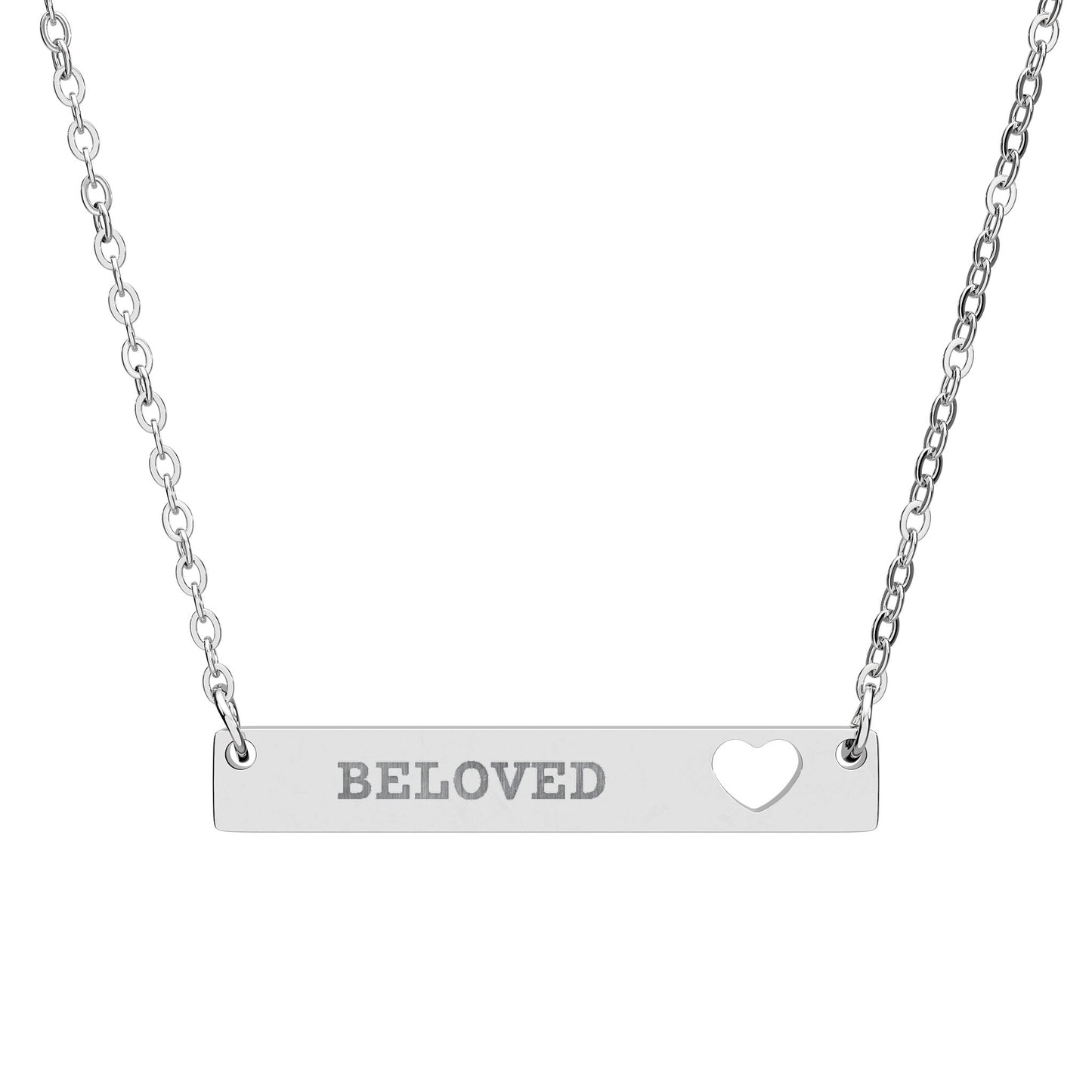 Silver necklace with 'Beloved' bar pendant on a white background