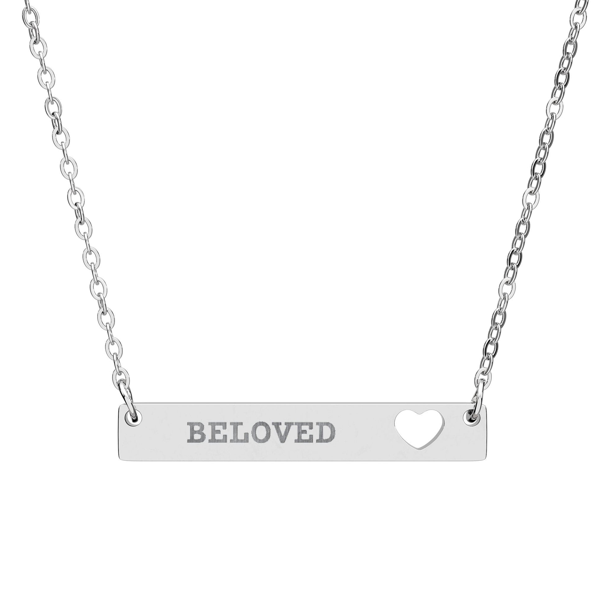 Silver necklace with 'Beloved' bar pendant on a white background