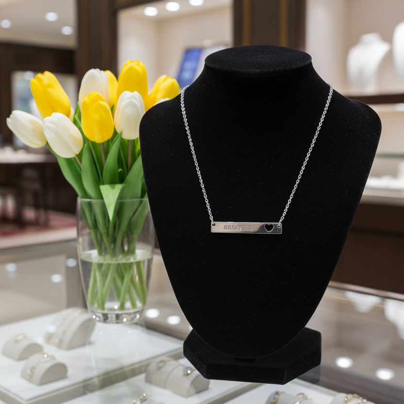 Silver beloved necklace on a black bust with yellow and white tulips in the background