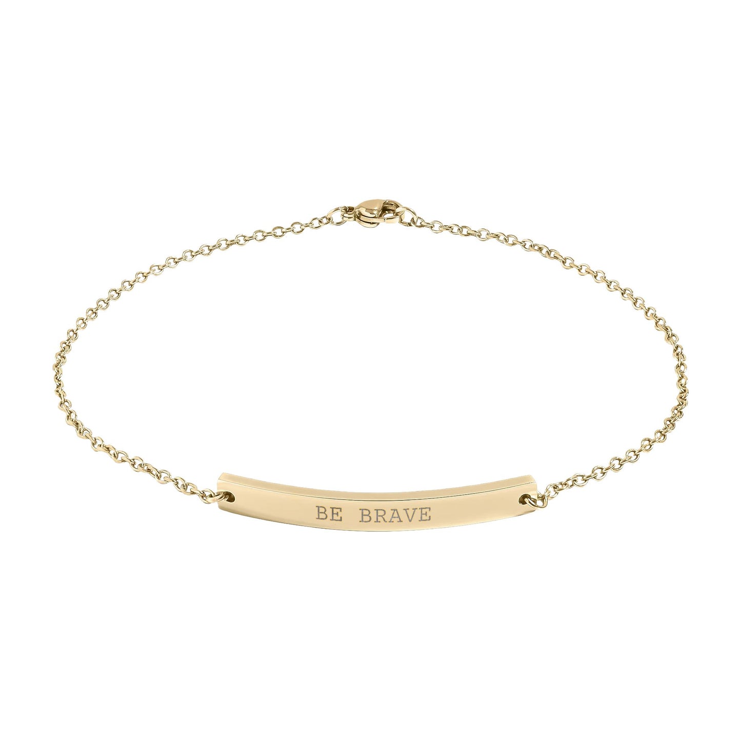Gold anklet with 'BE BRAVE' engraving on a white background