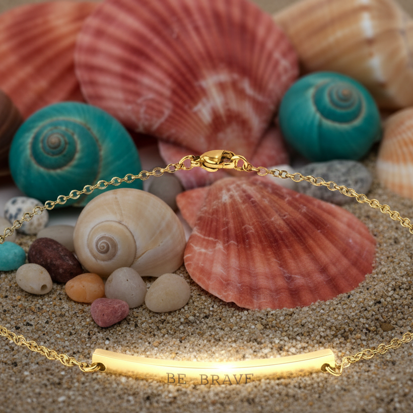 Gold anklet  with 'BE BRAVE' pendant on sand and shells