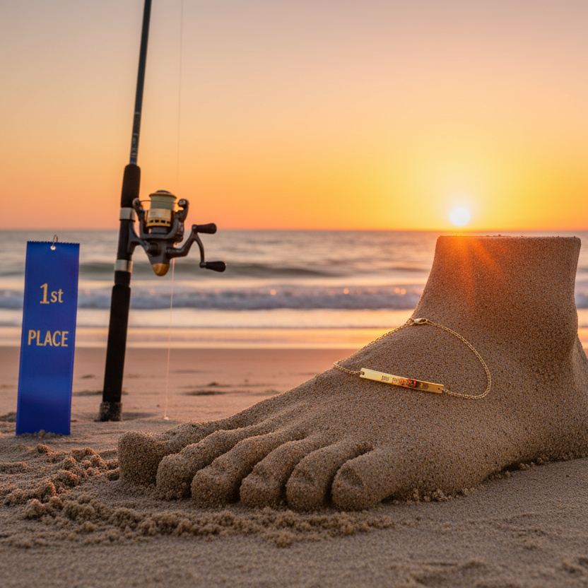 Fishing rod with a sand sculpture of a foot with an anklet on a beach at sunset.