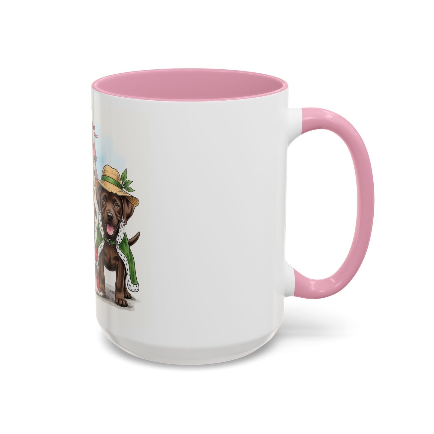White mug with pink interior and handle featuring a dog illustration on a white background