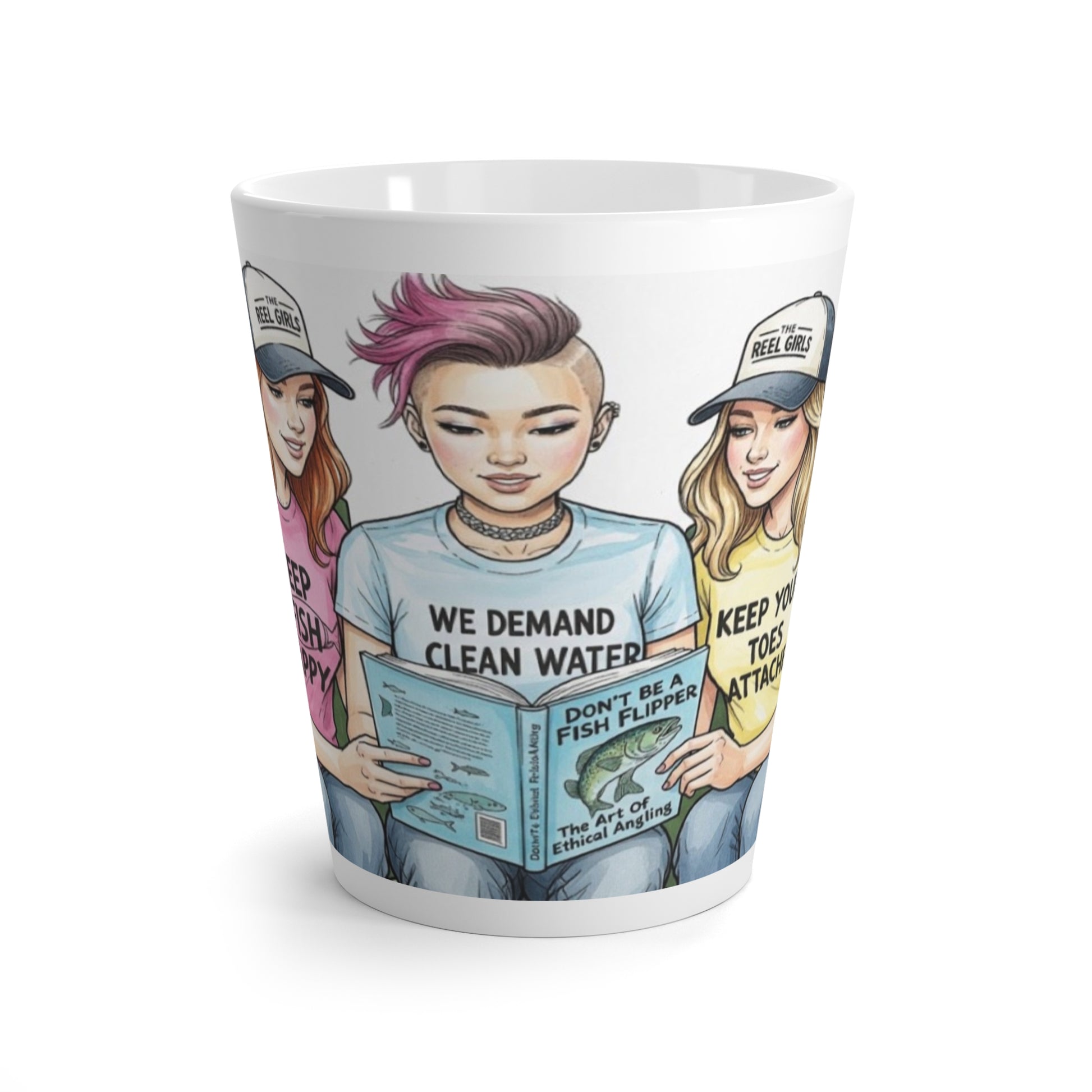 Mug with illustrated design of three people holding signs and a book about clean water, set against a gradient background.